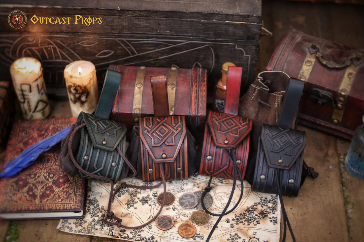 Leather coin pouch with Celtic or Viking embossing, leather jewel belt bag for larp, steampunk, cosplay or fantasy costume.