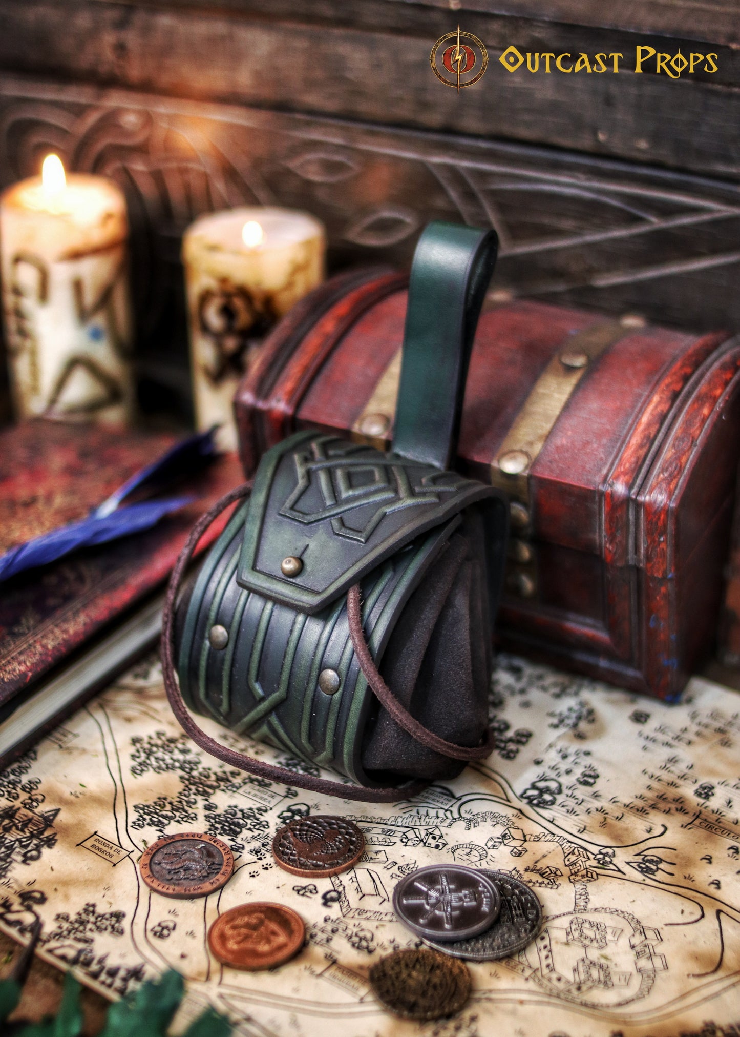Leather coin pouch with Celtic or Viking embossing, leather jewel belt bag for larp, steampunk, cosplay or fantasy costume.