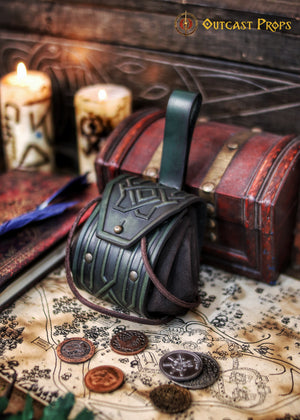 Leather coin pouch with Celtic or Viking embossing, leather jewel belt bag for larp, steampunk, cosplay or fantasy costume.
