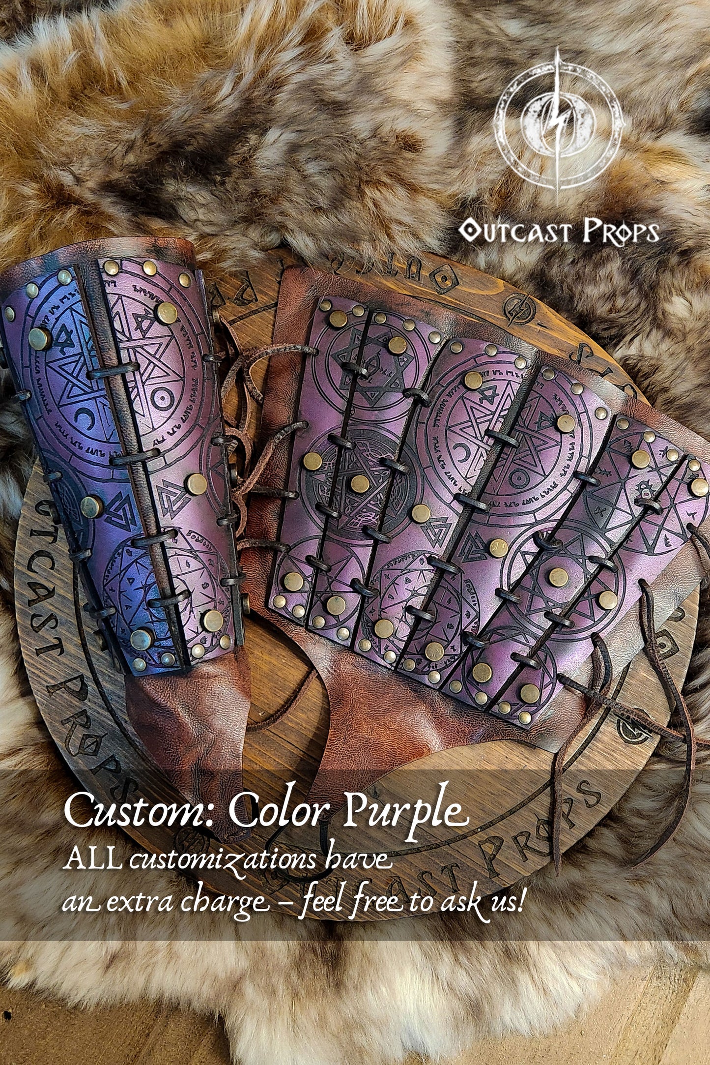 Close-up of purple demon hunter leather bracer worn on a male arm, showing tied leather cords and engraved symbols of protection. Ideal for LARP spellcasters, cultist costumes or witch cosplay. Made from durable leather, dyed and painted by hand for fantasy realism. A comfortable, adjustable accessory that combines dark mysticism with functional design.