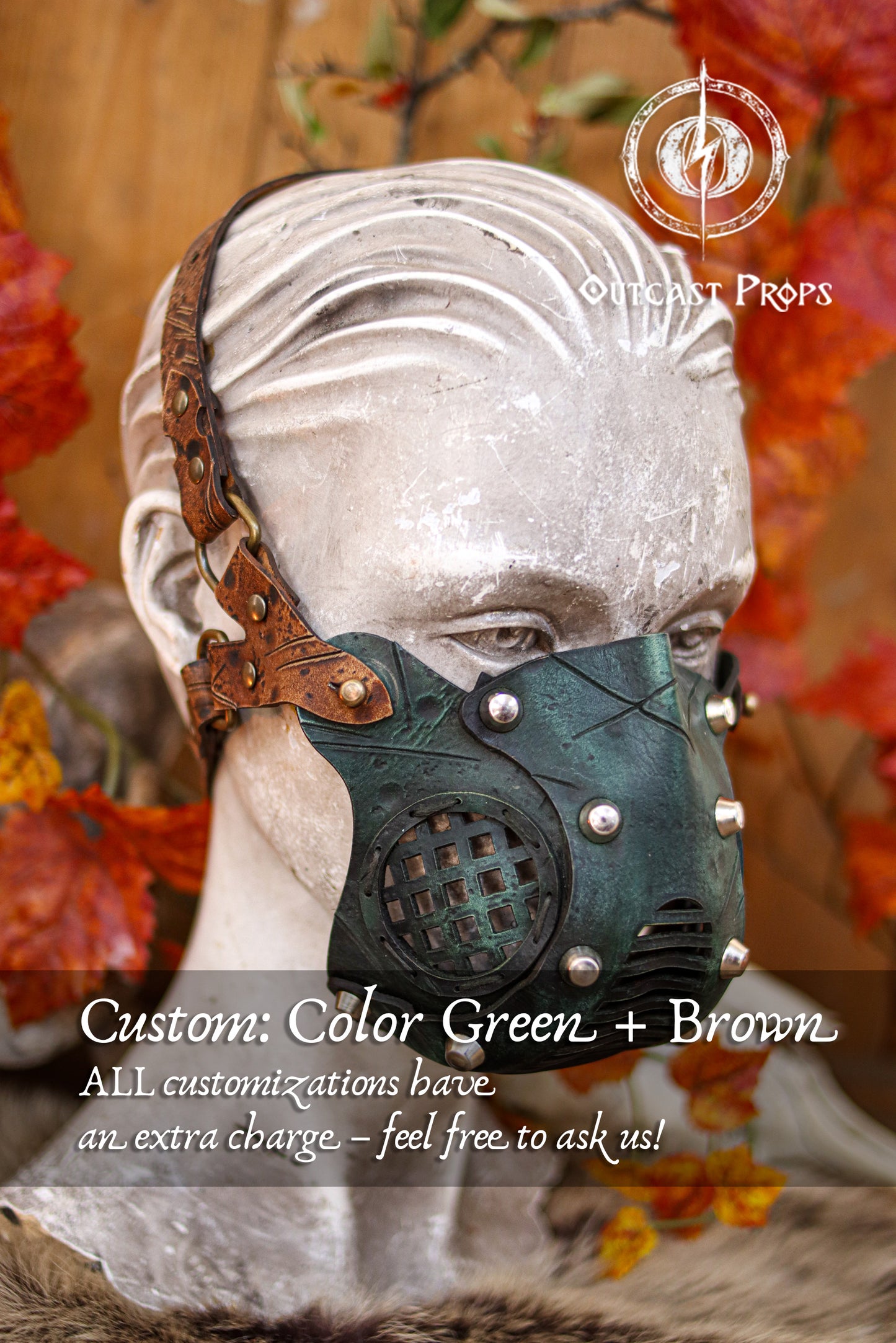 Steampunk-style mask with green and brown color scheme, featuring 'Gothic Props' branding. Face Mask Post Apocalyptic leather mask mad max diesel punk wasteland burning man protect Dystopian armor steampunk