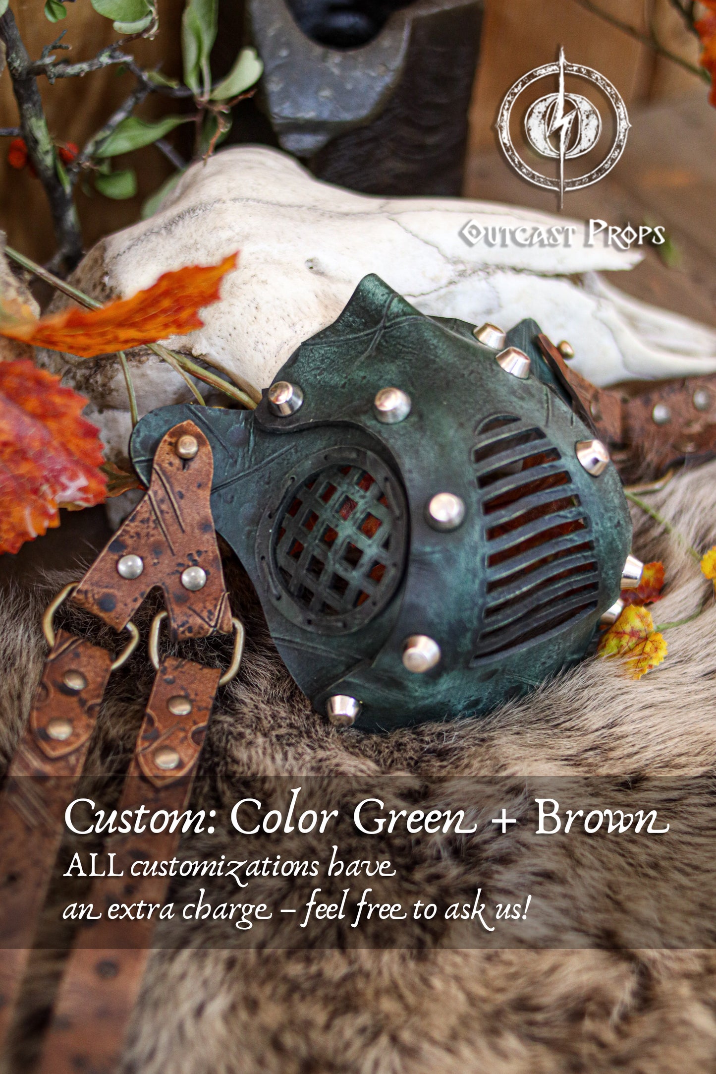 Steampunk-style mask with green and brown color scheme, featuring 'Gothic Props' branding. Face Mask Post Apocalyptic leather mask mad max diesel punk wasteland burning man protect Dystopian armor steampunk