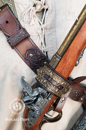 Edward Kenway pirate cosplay. Macro view of the embossed leather gun holster on a pirate-style baldric. The floral embossing is combined with aged gold hardware, showcasing artisan craftsmanship. The detailed design evokes the aesthetics of pirate captains and steampunk adventurers. This accessory is crafted from vegetable-tanned leather and aged for a realistic finish, perfect for cosplay, LARP, and Renaissance outfits.