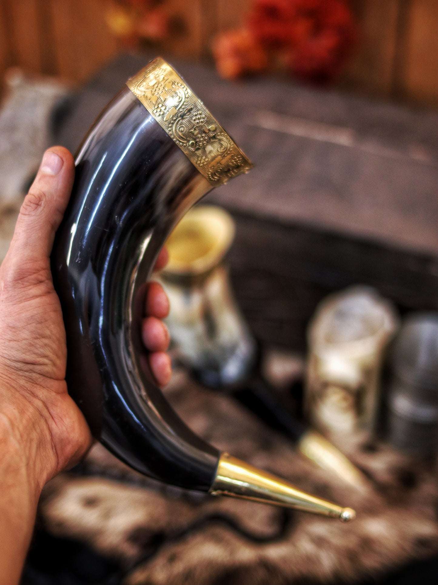 Drinking Horn with Brass Rim 30-35cm & Iron Stand