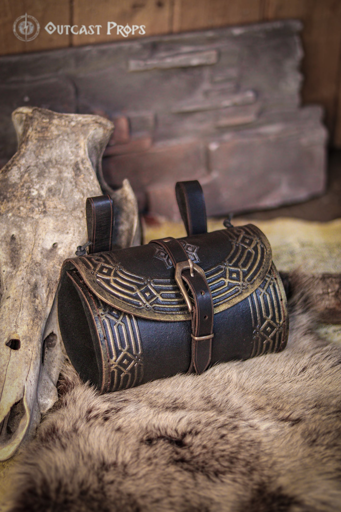 Kazgar Dwarven Hip Bag Medieval Leather Pouch Embossed and weathered in a vintage style, for dwarf or viking cosplay and fantasy costume.