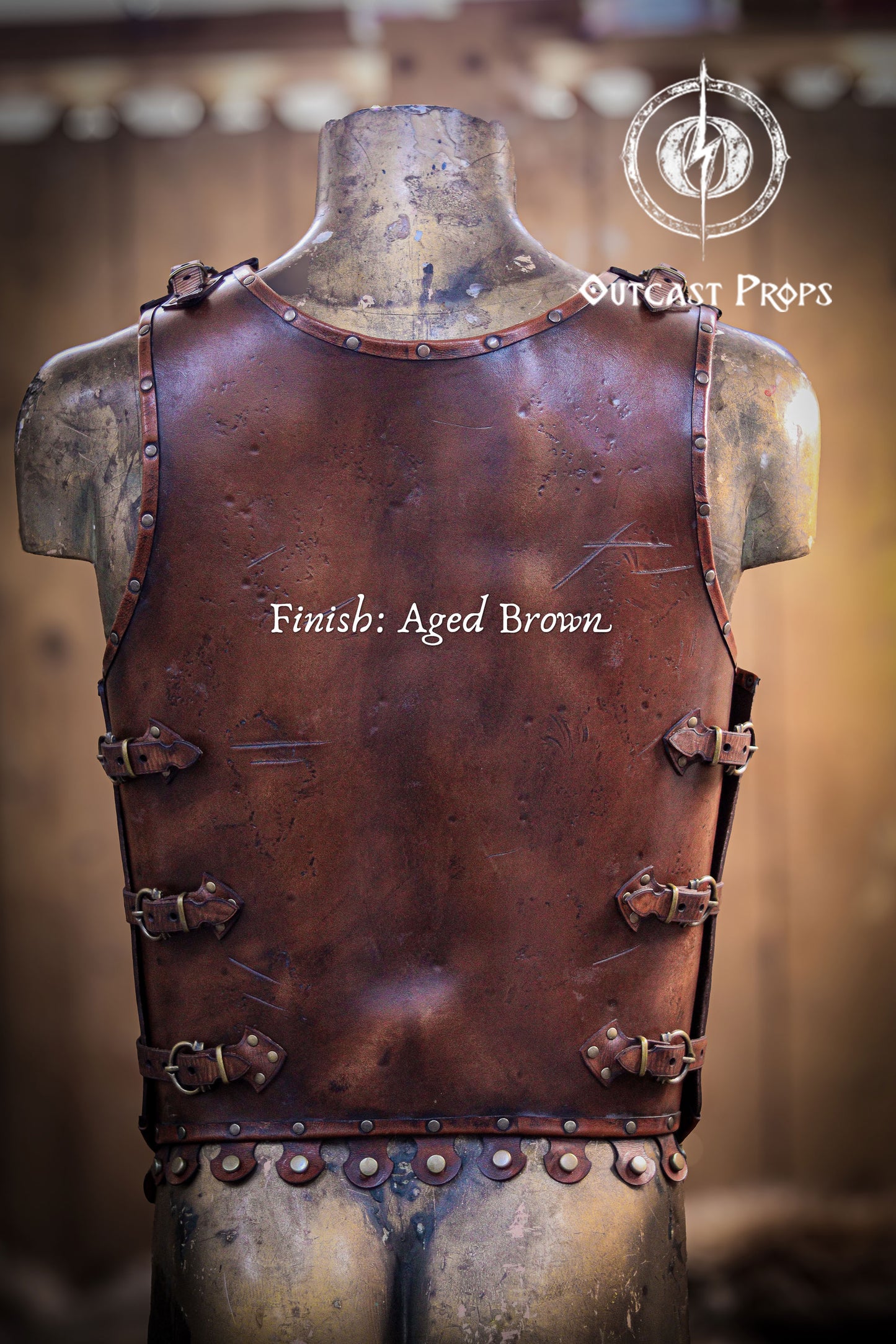 Brown leather armor on a mannequin with 'Outcast Props' branding.