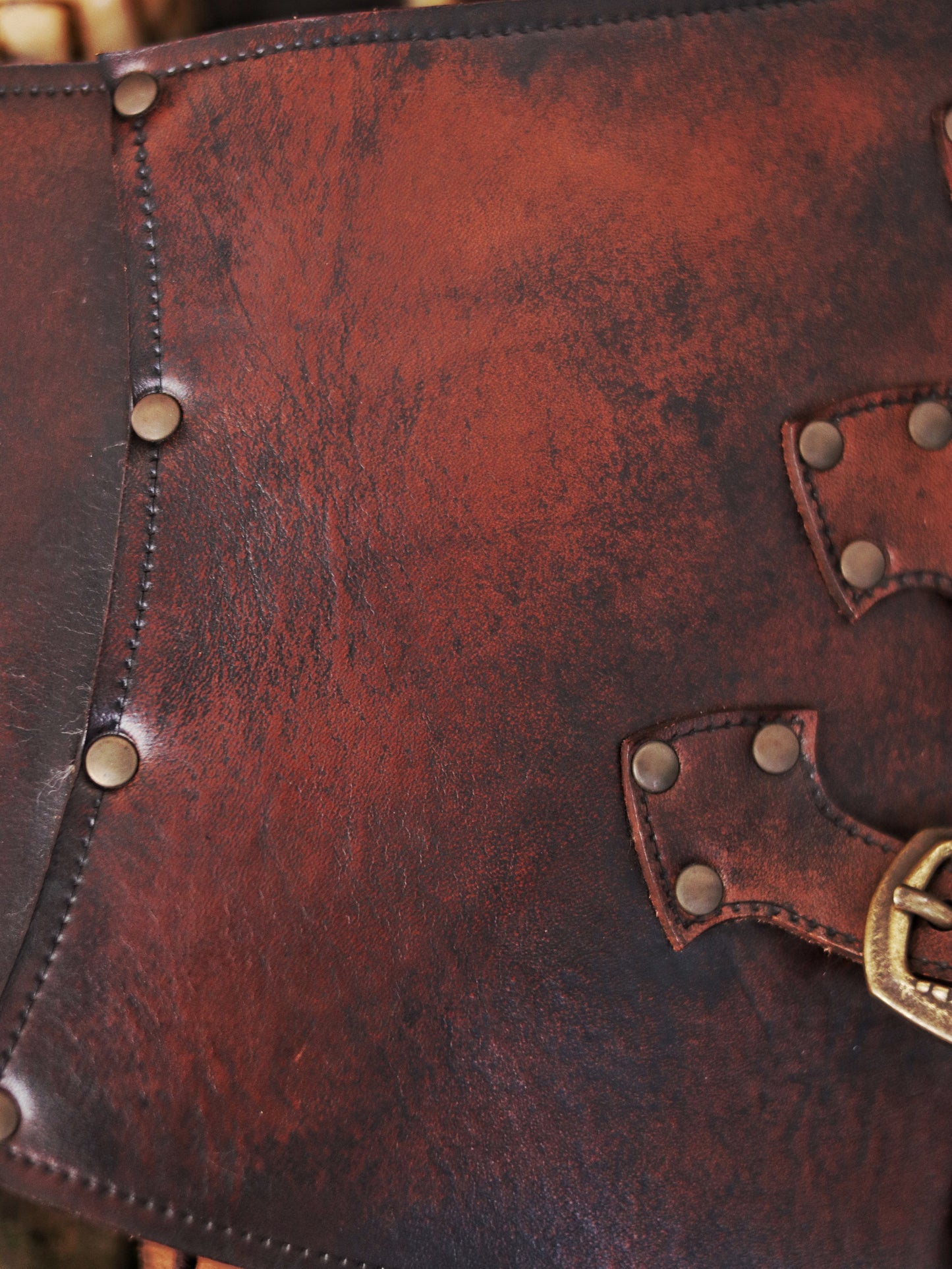 Close-up of a brown leather underbust with metal studs and a buckle. Leather Corset underbust - Steampunk larp burning man armor Witch. Brown Waist Cincher. Renfair underbust. Alchemist corset.