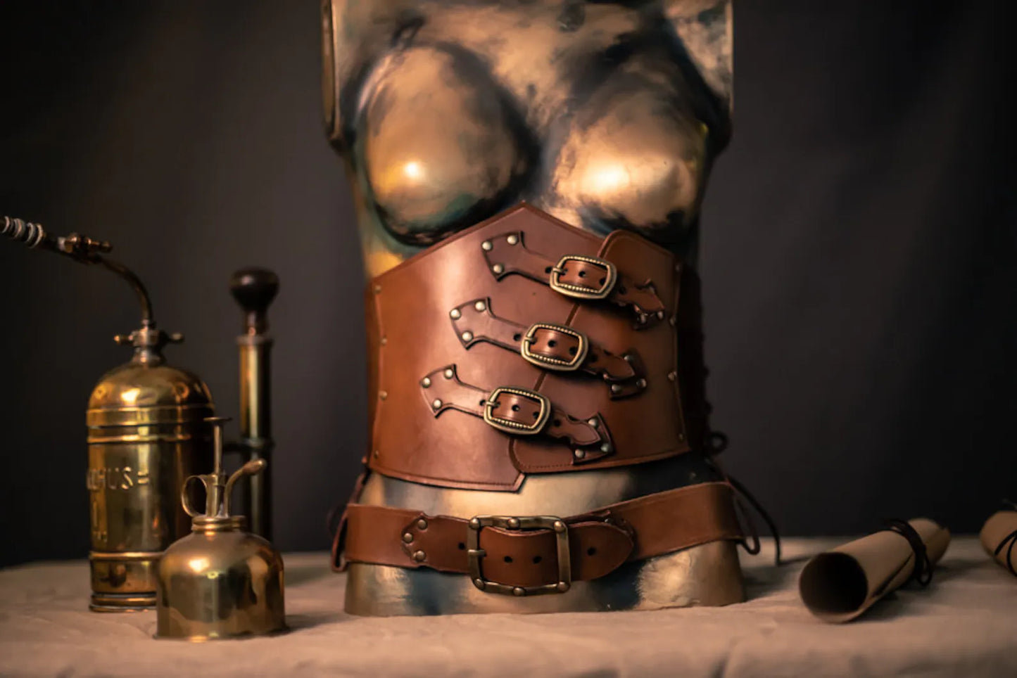 Steampunk-style leather harness with brass components on a dark Leather Corset underbust - Steampunk larp burning man armor Witch. Brown Waist Cincher. Renfair underbust. Alchemist corset.background