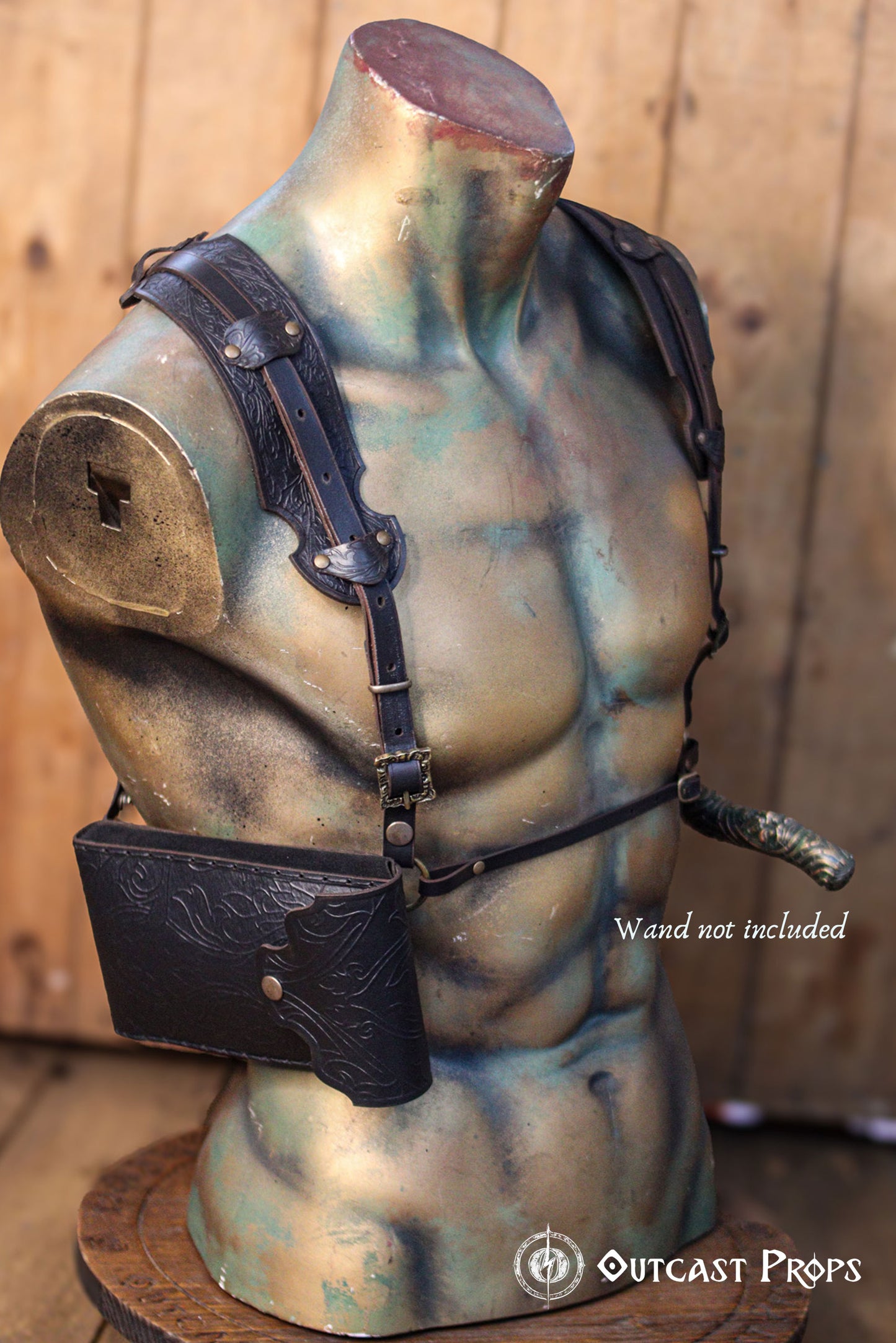 Ornated Magic Wand shoulder Holster full-grain black leather with potions for wizards and witches. Dark Academy style. MACUSA Cosplay and LARP
