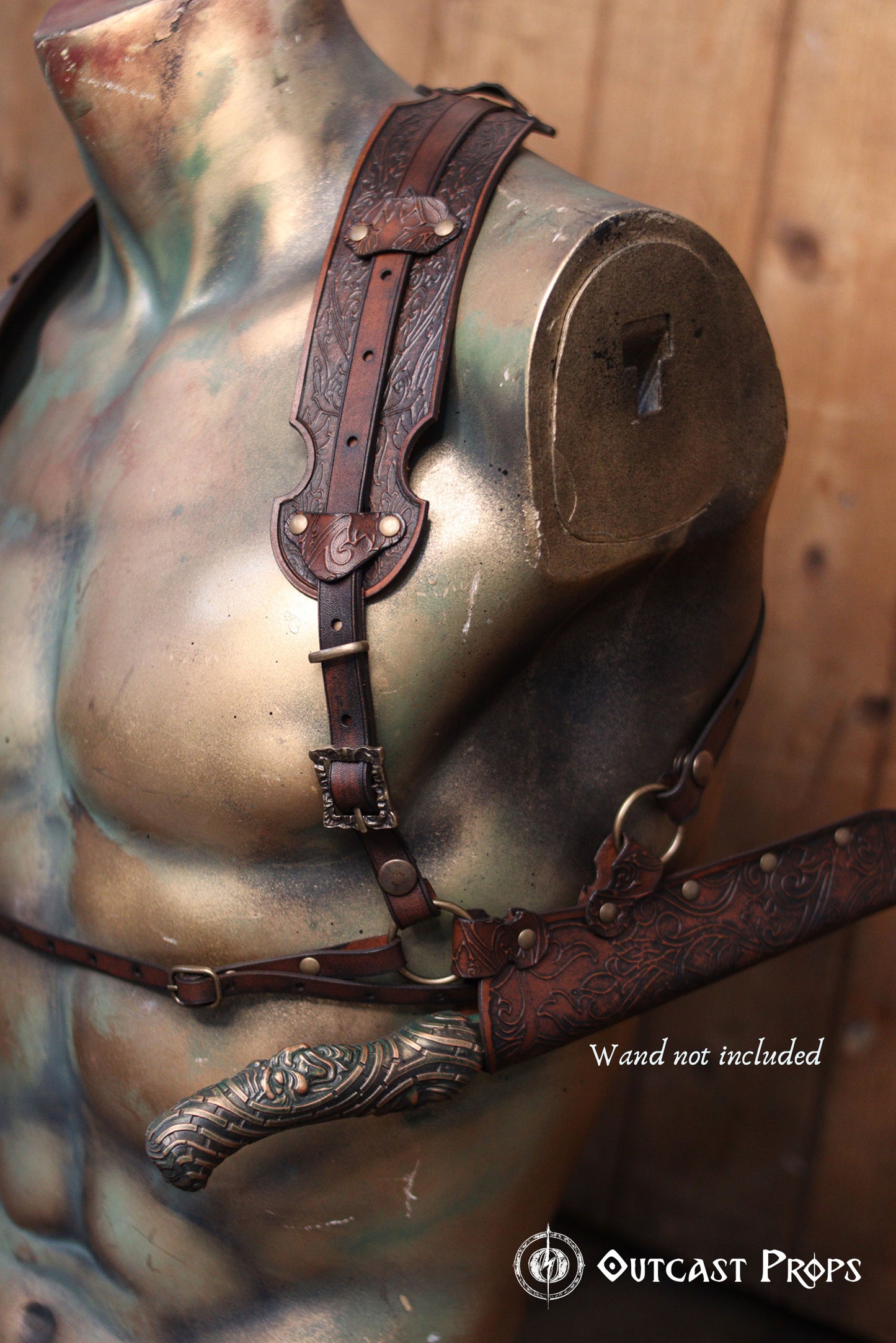 Ornated Magic Wand shoulder Holster full-grain leather with potions for wizards and witches. Dark Academy style. MACUSA Cosplay and LARP