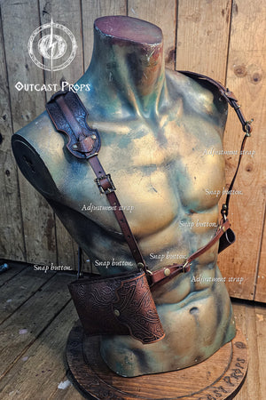 Ornated Magic Wand shoulder Holster full-grain leather with potions for wizards and witches. Dark Academy style. MACUSA Cosplay and LARP