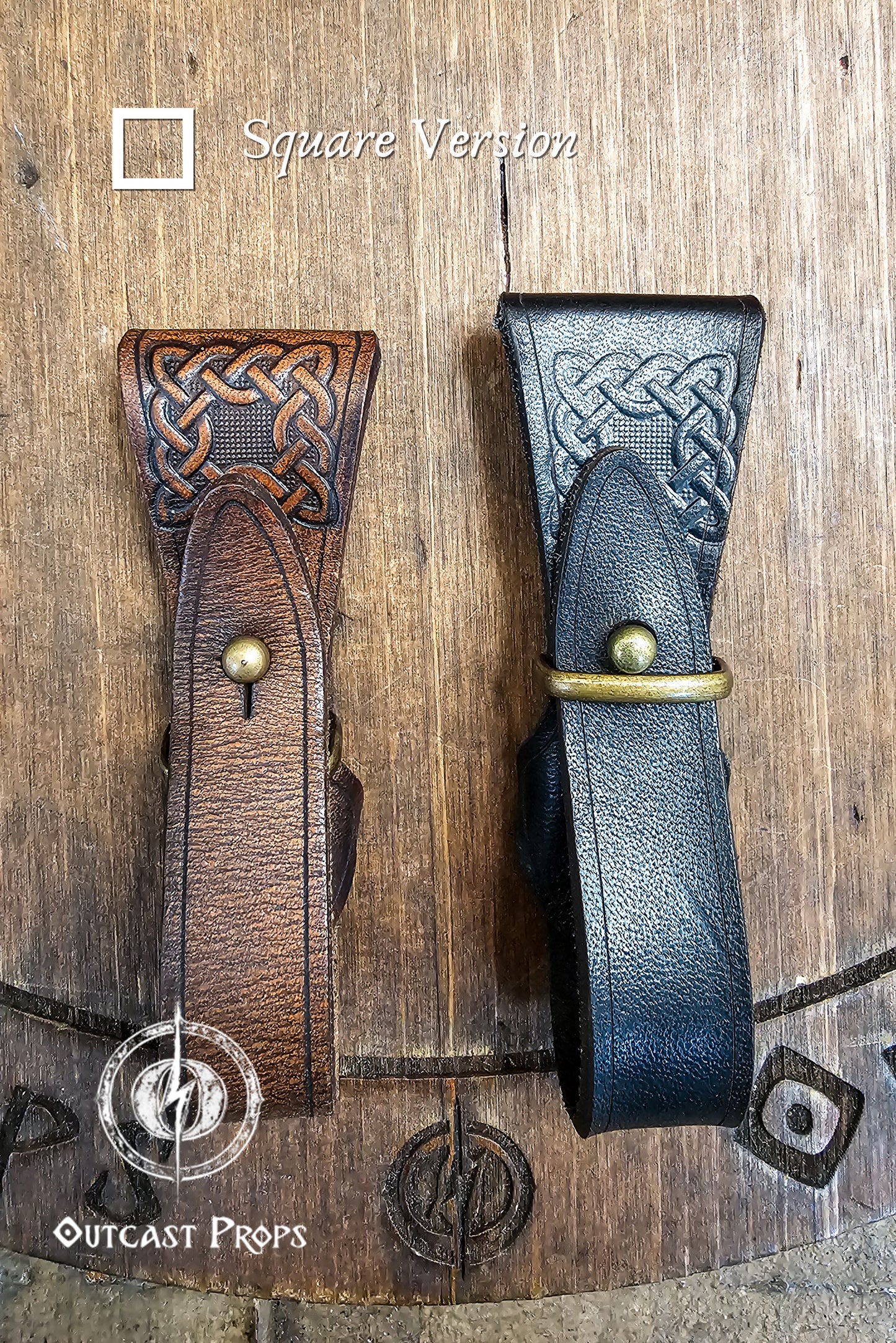 Two leather sheaths with Celtic knot designs on a wooden background, branded 'Outcast Props'. Medieval Leather Tankard Strap: Renaissance Faire Belt up to 6 cm or 2,4 inches. Accessory for Viking Cosplay, LARP, and Celtic Costumes