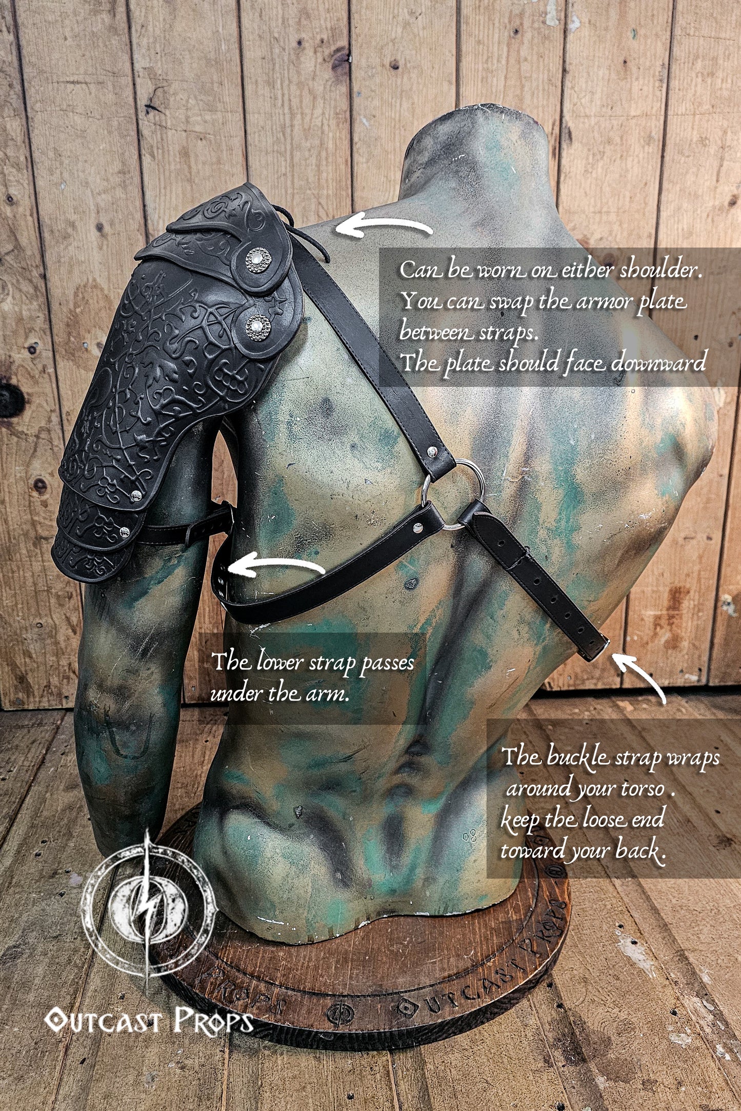 Armored shoulder piece with instructions on how to wear it, displayed on a wooden background. Leather Shoulder Pauldron: Musketeer Armor for LARP, Renaissance LARP, cosplay, Ren Faire accessory, Aramis inspired