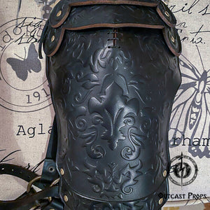 Black leather arm guard with intricate designs on a textured background. Steampunk Musketeer leather shoulder armor leather pauldron diesel punk wasteland shoulder armor burning man protect Dystopian larp