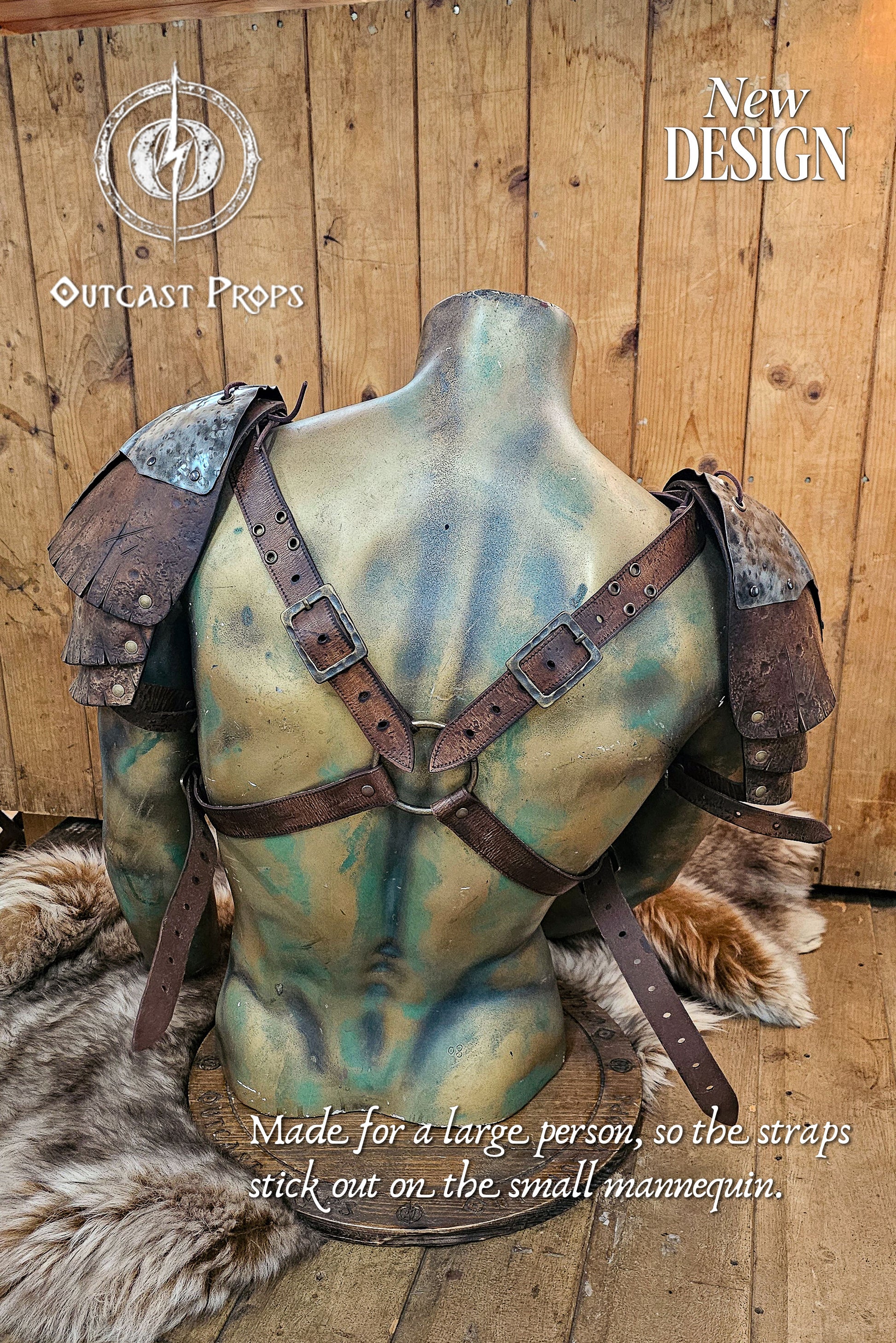 Rear view of the complete double pauldron armor set with leather harness, crafted for large builds. The brown straps extend across the back over a fur base, supporting the layered aged leather and metal plates. This Viking and ork armor by Outcast Props is perfect for LARP and cosplay, showing handcrafted quality and unique weathered finish. Barbarian Leather and Metal Pauldron Set for LARP Viking Warrior or Ork Cosplay Armor Shoulder Pads for Post Apocalyptic Costume