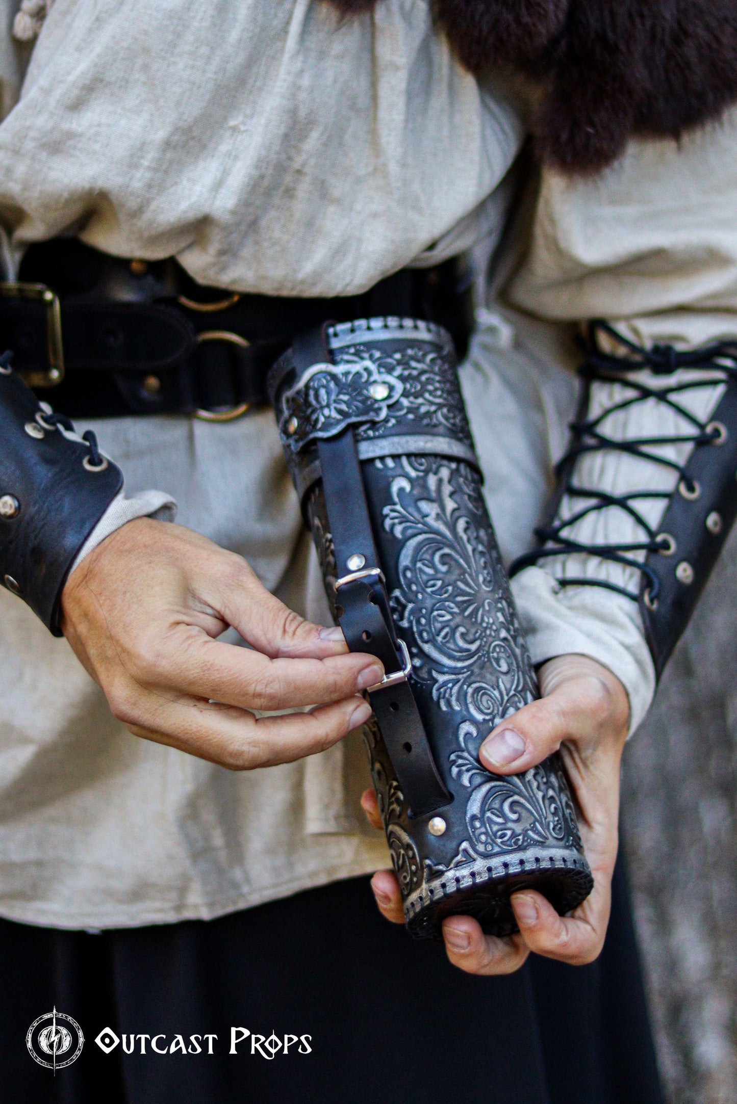 Ornated Leather Scroll Case: Exquisite document tube for cosplay and LARP, Messengers, Magicians, steampunk, reanaissance, fantasy costumes.