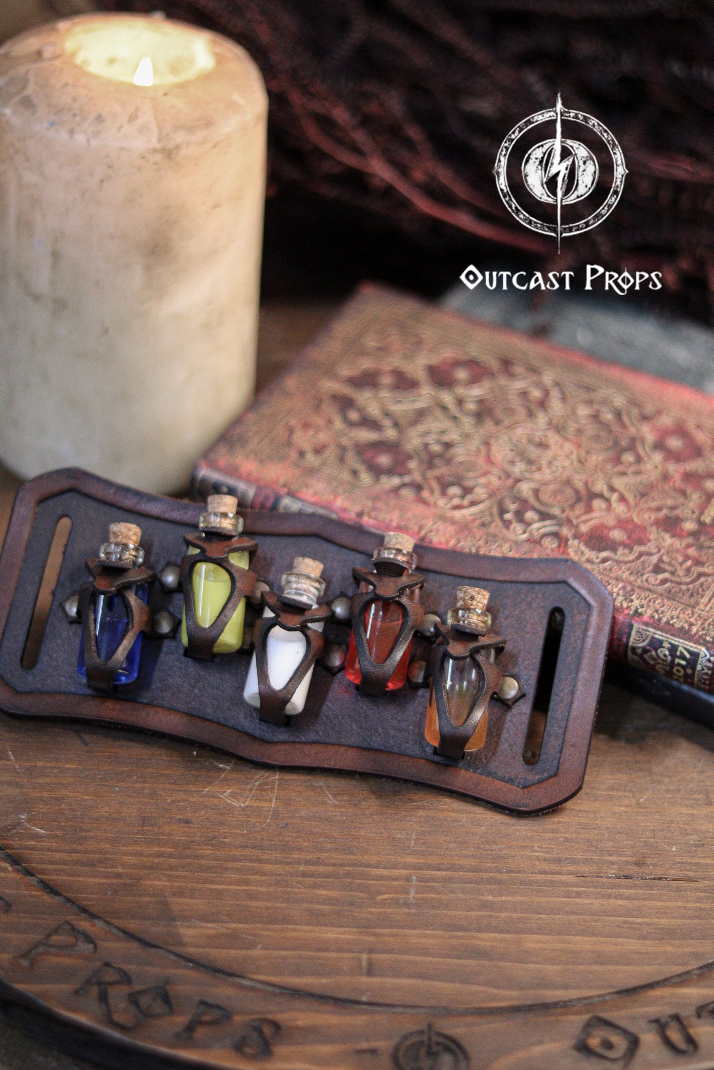 Set of small bottles with colored liquids on a wooden stand, Belt Potion holder for 5 small bottles. Made of leather for adventurers, steampunk, alchemist, healers, cosplay or just to keep spices
