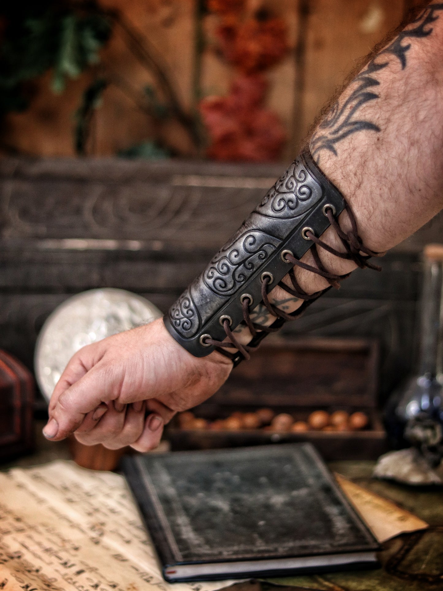 Shadowbinder bracer for mages & wizards, sorcerer vambarce for larp costume and wizardry cosplay leather witchcraft handmade