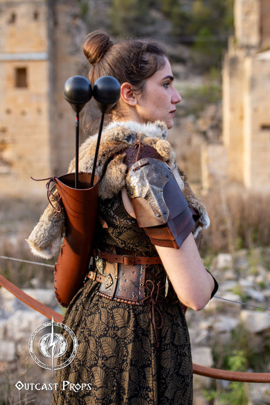 Leather quiver elven quiver archery quiver arrow quiver larp quiver elf quiver bow quiver leather arrow quiver quivers for arrows cosplay. Person in medieval or fantasy costume with armor and weapon, standing in an outdoor setting.