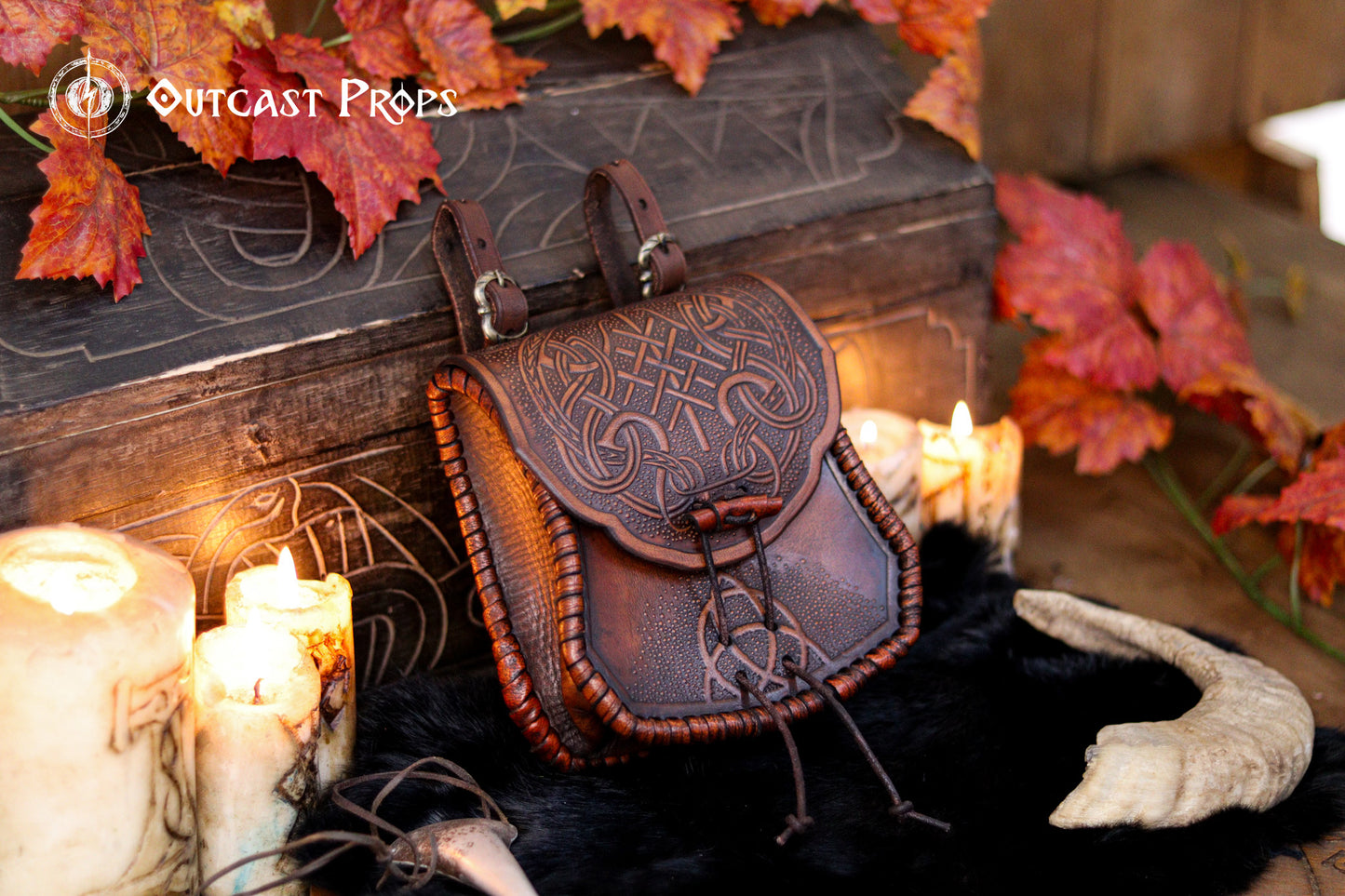Viking Leather Belt Pouch: Embossed Dragon Knot Medieval Bag for LARP, Cosplay, Ren Faire & Reenactment