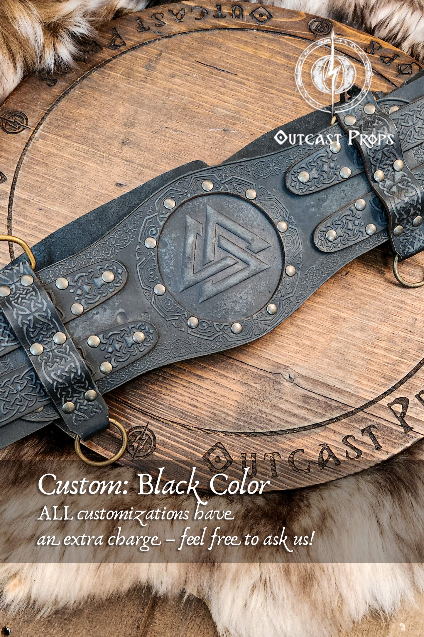 Close-up of the belt's black leather variant with worn texture and engraved knotwork. Highlighting customization options for the viking leather armor belt. Ideal for barbarian cosplay outfit, renfaire costume wide, celtic fantasy belt for LARP. Central Valknut piece and rings for attachments visible. High-contrast finish for dramatic impact.
