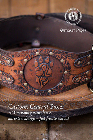 Custom engraved central pieces for the viking leather armor belt. Three variants shown: Valknut, wolf head, and tribal bear paw, all framed by knotwork and rivets. Displayed over rustic wood and fur. Keywords: celtic fantasy belt, barbarian cosplay outfit, medieval warrior armor, LARP belt customization, renfaire costume wide.