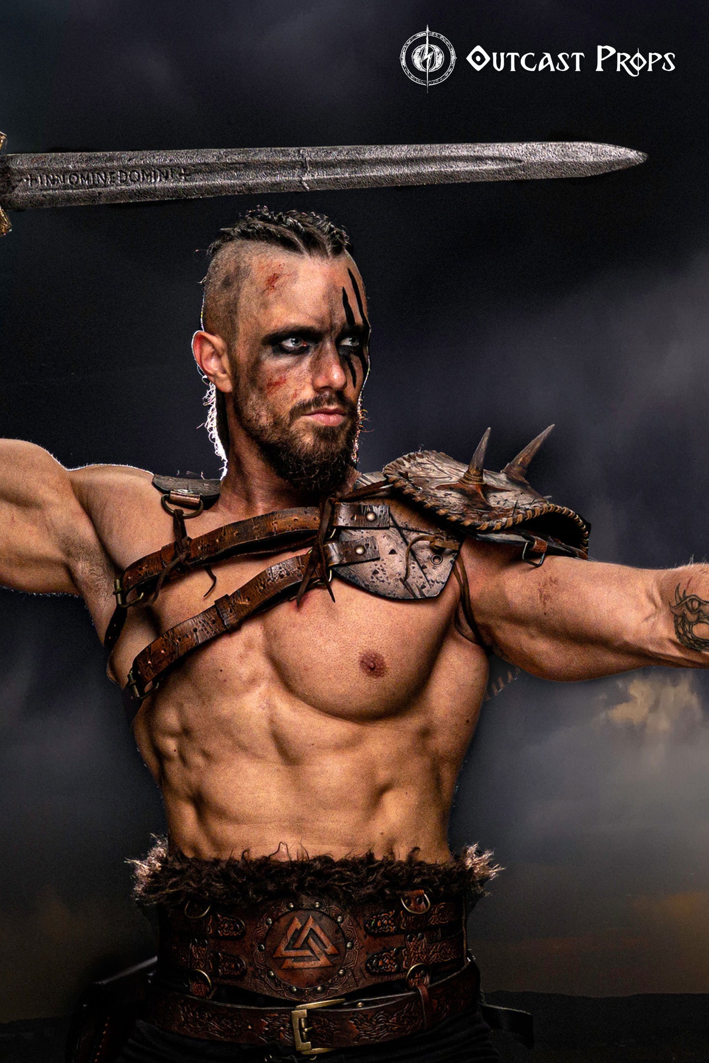 Viking leather armor belt with Valknut engraving worn by a male model in fur shoulder armor. Perfect for barbarian cosplay outfit, celtic fantasy belt, or medieval warrior armor. The embossed wide belt features decorative rivets and a central symbol, set in a rustic Viking hut. Ideal for LARP, renfaire costume wide, or fantasy events.