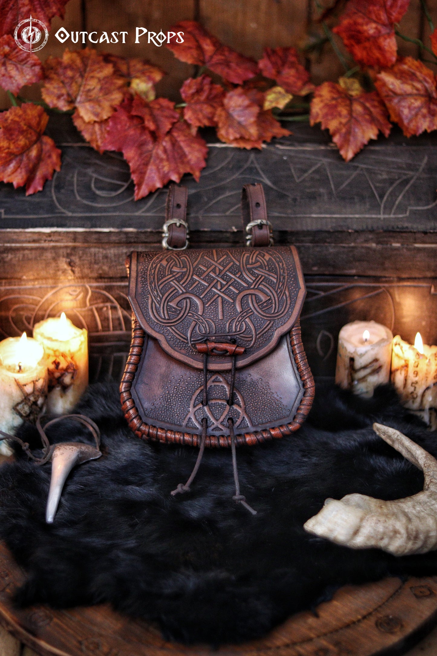 Viking Leather Belt Pouch: Embossed Dragon Knot Medieval Bag for LARP, Cosplay, Ren Faire & Reenactment