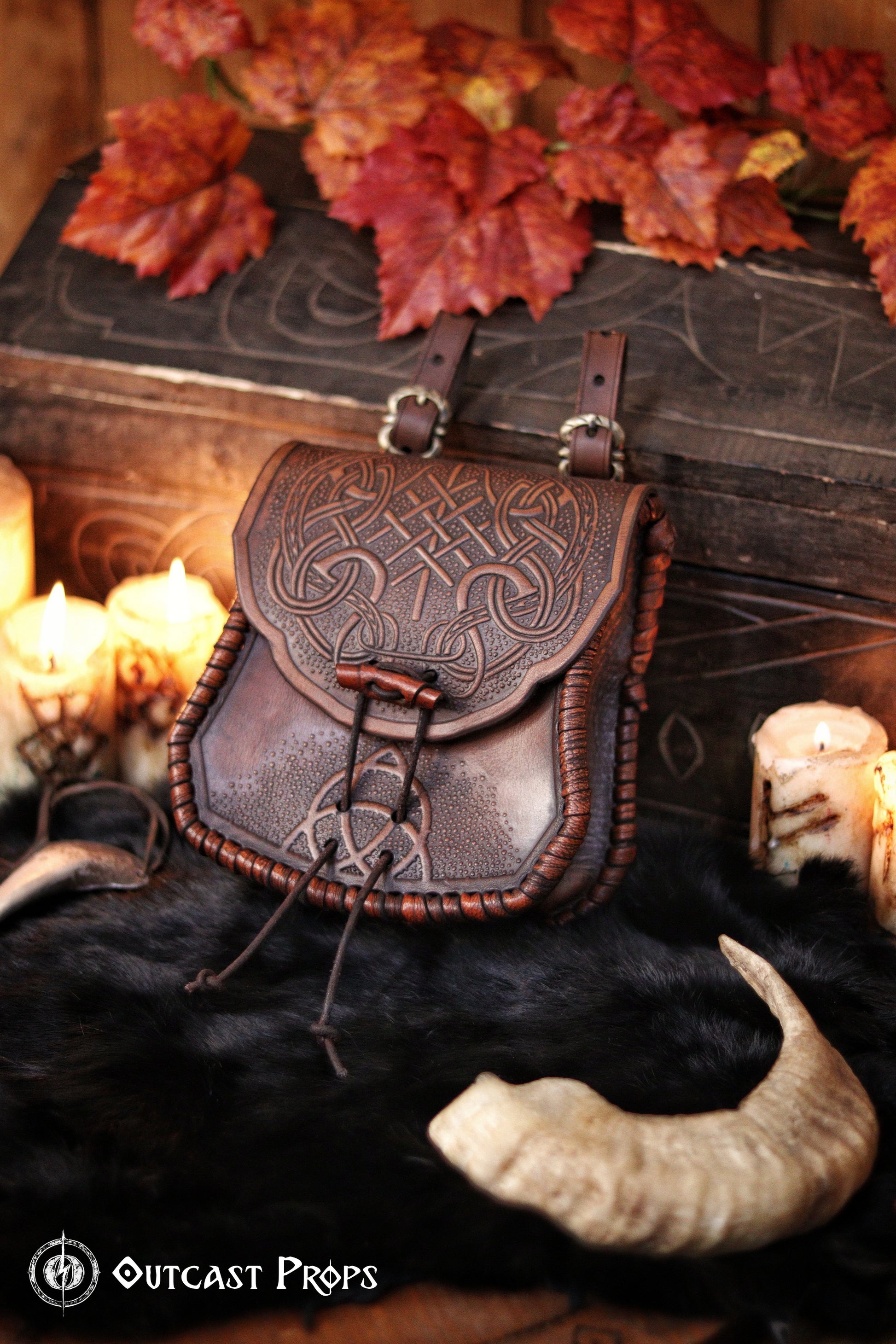Viking Leather Belt Pouch: Embossed Dragon Knot Medieval Bag for LARP, Cosplay, Ren Faire & Reenactment
