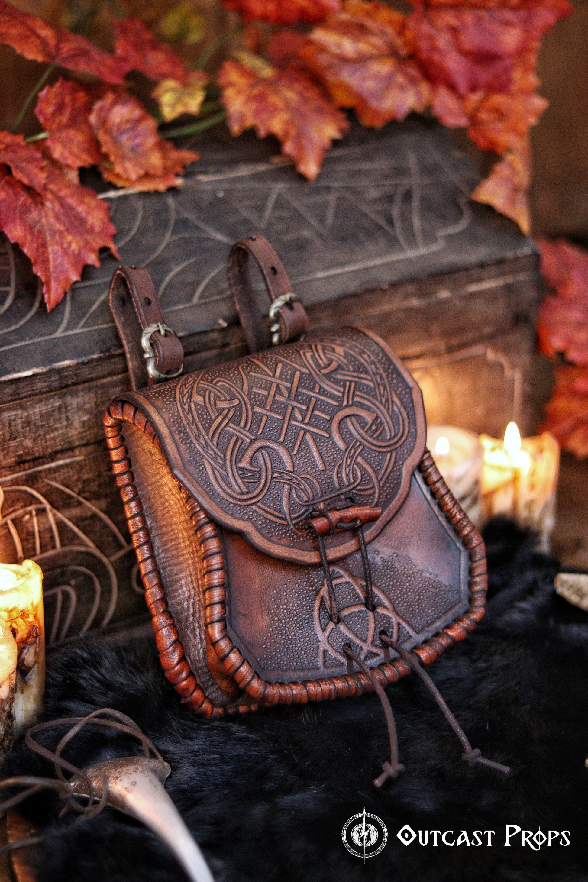 Viking Leather Belt Pouch: Embossed Dragon Knot Medieval Bag for LARP, Cosplay, Ren Faire & Reenactment