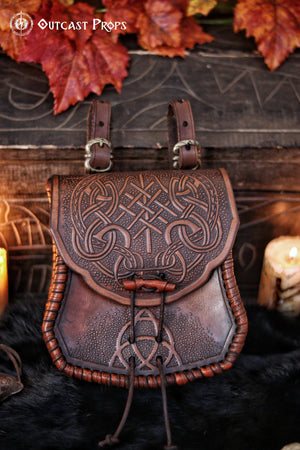 Viking Leather Belt Pouch: Embossed Dragon Knot Medieval Bag for LARP, Cosplay, Ren Faire & Reenactment