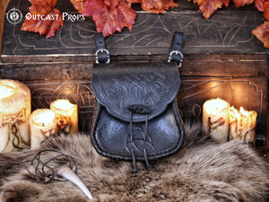 Viking Leather Belt Pouch: Embossed Dragon Knot Medieval Bag for LARP, Cosplay, Ren Faire & Reenactment