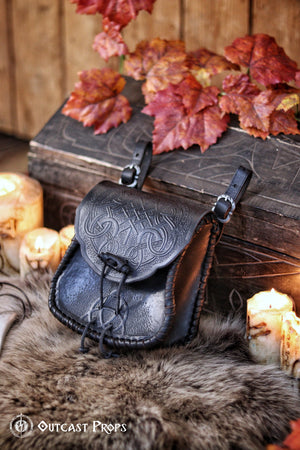 Viking Leather Belt Pouch: Embossed Dragon Knot Medieval Bag for LARP, Cosplay, Ren Faire & Reenactment