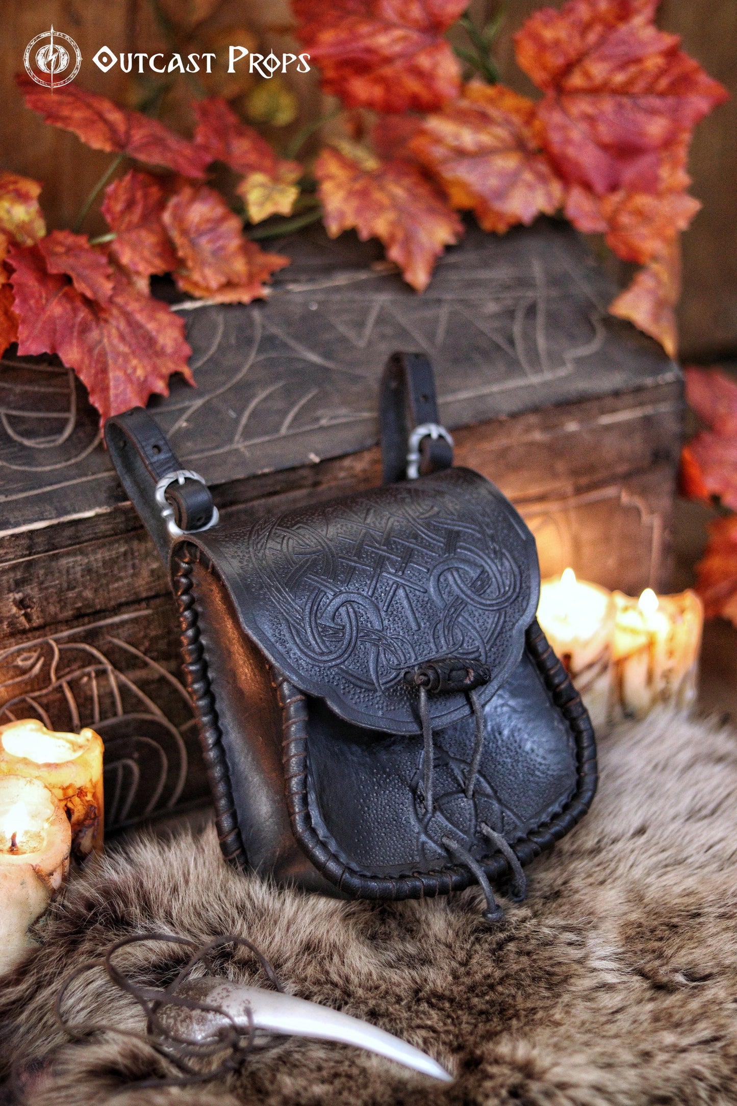 Viking Leather Belt Pouch: Embossed Dragon Knot Medieval Bag for LARP, Cosplay, Ren Faire & Reenactment