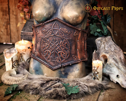 Celtic Dragon Leather Underbust Armor Belt for Viking LARP Costume - Women's Warrior Cosplay Accessory
