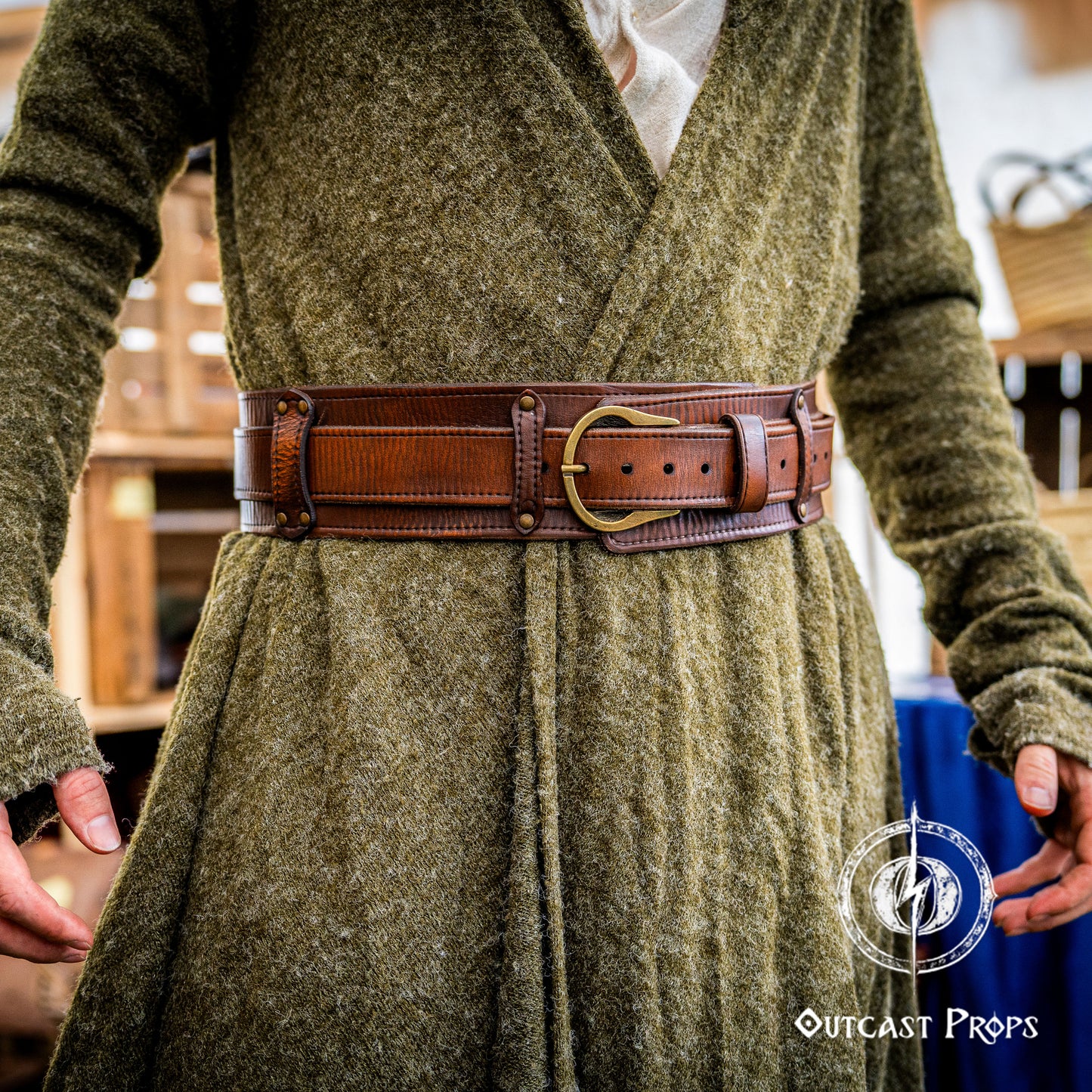 Person wearing a green dress with a brown belt, standing indoors. Celtic knot leather belt silver buckle larp belt for ren fair fantasy costume celtic belt unisex leather belt for renaissance outfit