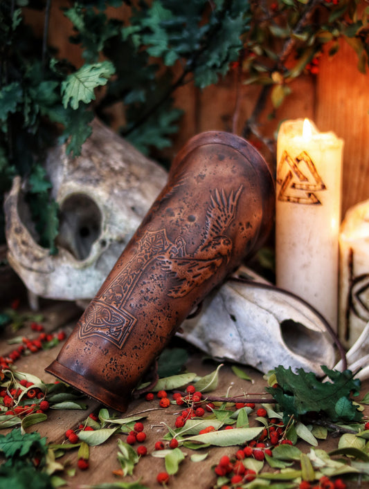 Viking bracer Thor's hammer Mjolnir and Odin's crows Hugin & Munin Viking leather bracer for larps or cosplay leather armor