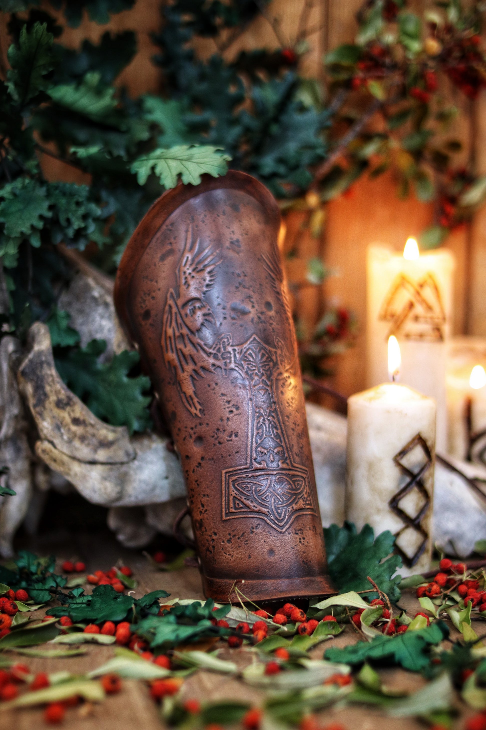 Viking bracer Thor's hammer Mjolnir and Odin's crows Hugin & Munin Viking leather bracer for larps or cosplay leather armor