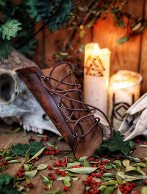 Viking bracer Thor's hammer Mjolnir and Odin's crows Hugin & Munin Viking leather bracer for larps or cosplay leather armor