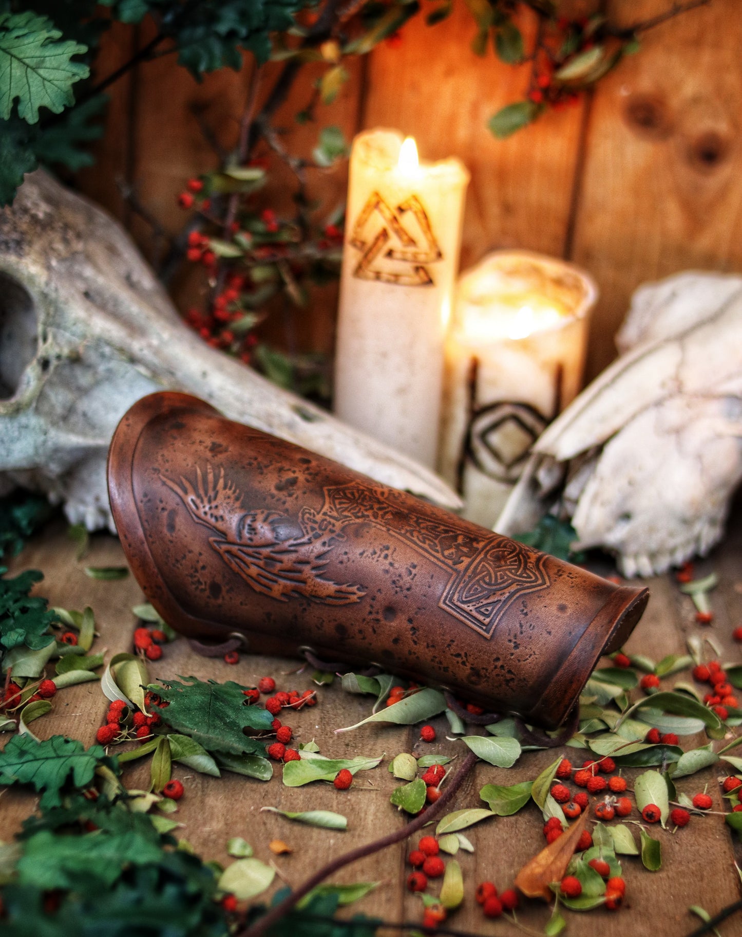 Viking bracer Thor's hammer Mjolnir and Odin's crows Hugin & Munin Viking leather bracer for larps or cosplay leather armor
