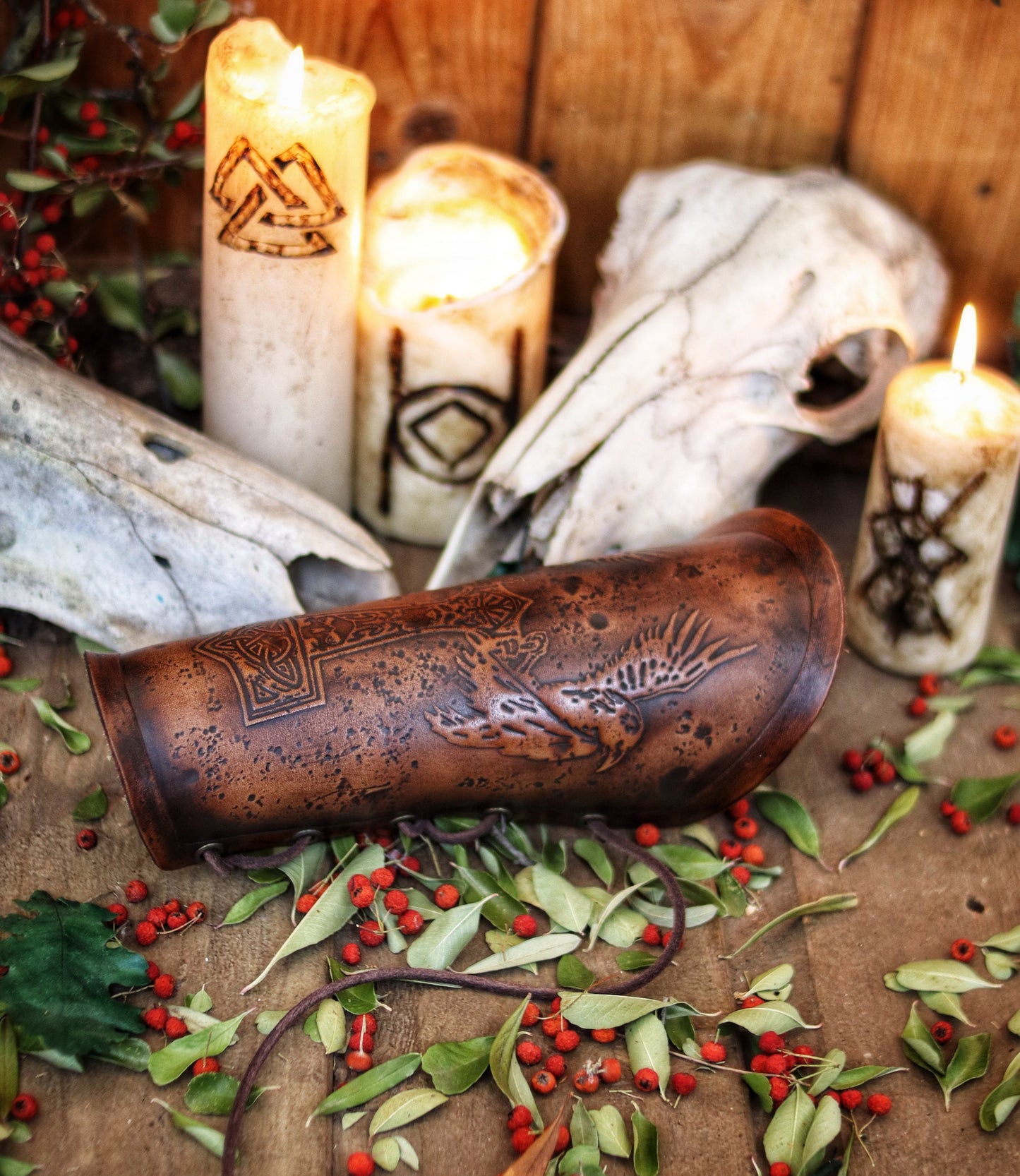 Viking bracer Thor's hammer Mjolnir and Odin's crows Hugin & Munin Viking leather bracer for larps or cosplay leather armor