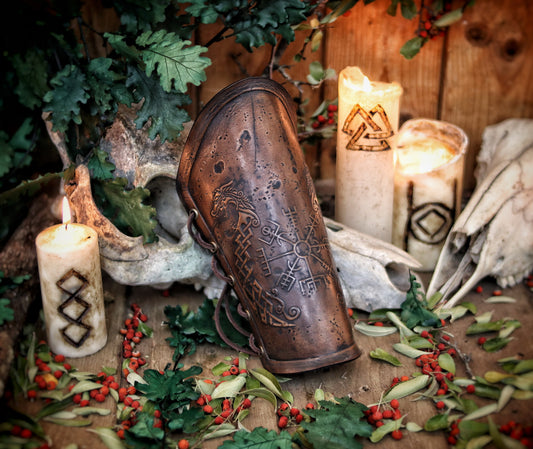 Viking leather bracer Vegvisir & Drakar symbol vambrace for larps cosplay high-quality full-grain vegetable tanned leather embossed armor