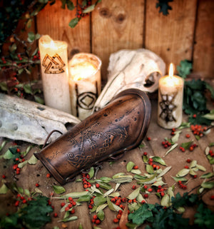 Viking leather bracer Vegvisir & Drakar symbol vambrace for larps cosplay high-quality full-grain vegetable tanned leather embossed armor