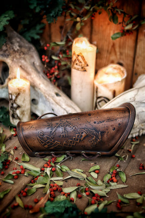 Viking leather bracer Vegvisir & Drakar symbol vambrace for larps cosplay high-quality full-grain vegetable tanned leather embossed armor