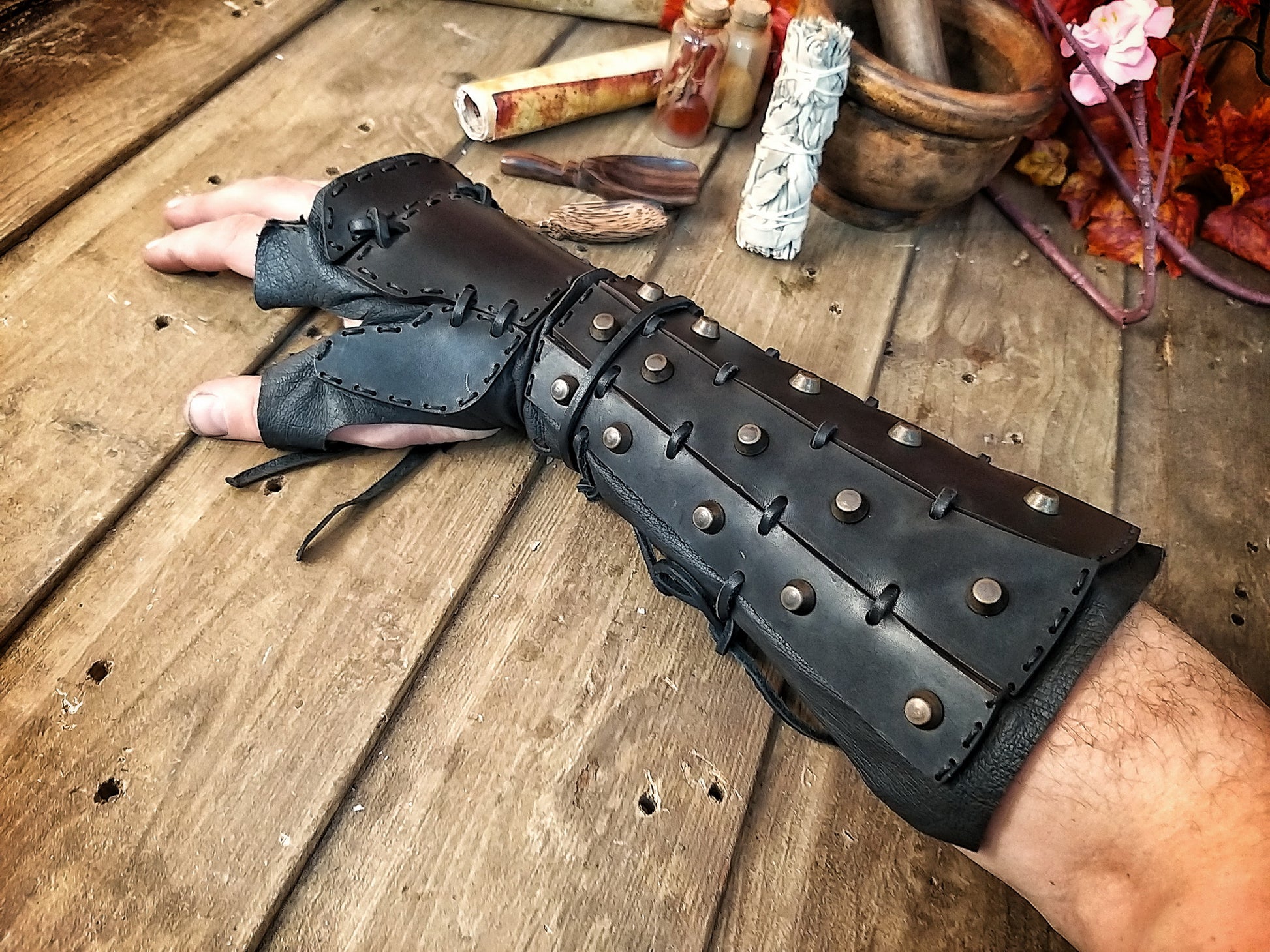 Samurai Leather BraCERS for LARP Cosplay or Renaissance Fair Studded Shin Armor Fantasy Warrior Arm Guards Handmade Medieval Costume Piece