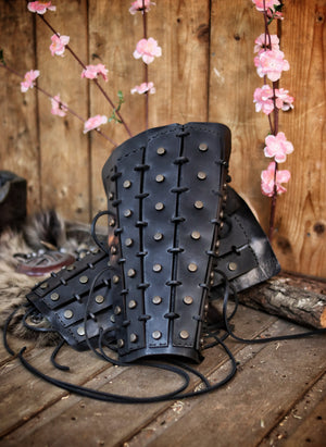 Samurai Leather Greaves for LARP Cosplay or Renaissance Fair Studded Shin Armor Fantasy Warrior Leg Guards Handmade Medieval Costume Piece