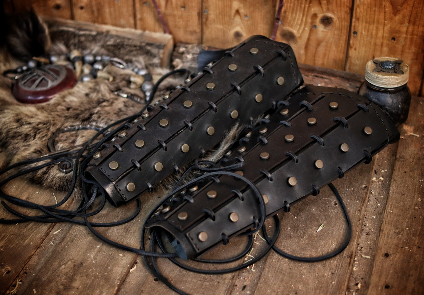 Samurai Leather Greaves for LARP Cosplay or Renaissance Fair Studded Shin Armor Fantasy Warrior Leg Guards Handmade Medieval Costume Piece