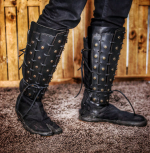 Samurai Leather Greaves for LARP Cosplay or Renaissance Fair Studded Shin Armor Fantasy Warrior Leg Guards Handmade Medieval Costume Piece