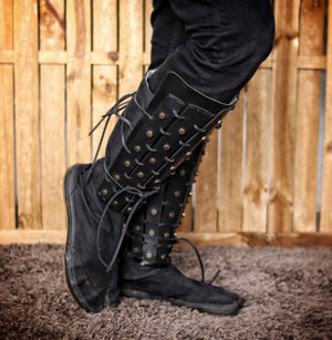 Samurai Leather Greaves for LARP Cosplay or Renaissance Fair Studded Shin Armor Fantasy Warrior Leg Guards Handmade Medieval Costume Piece