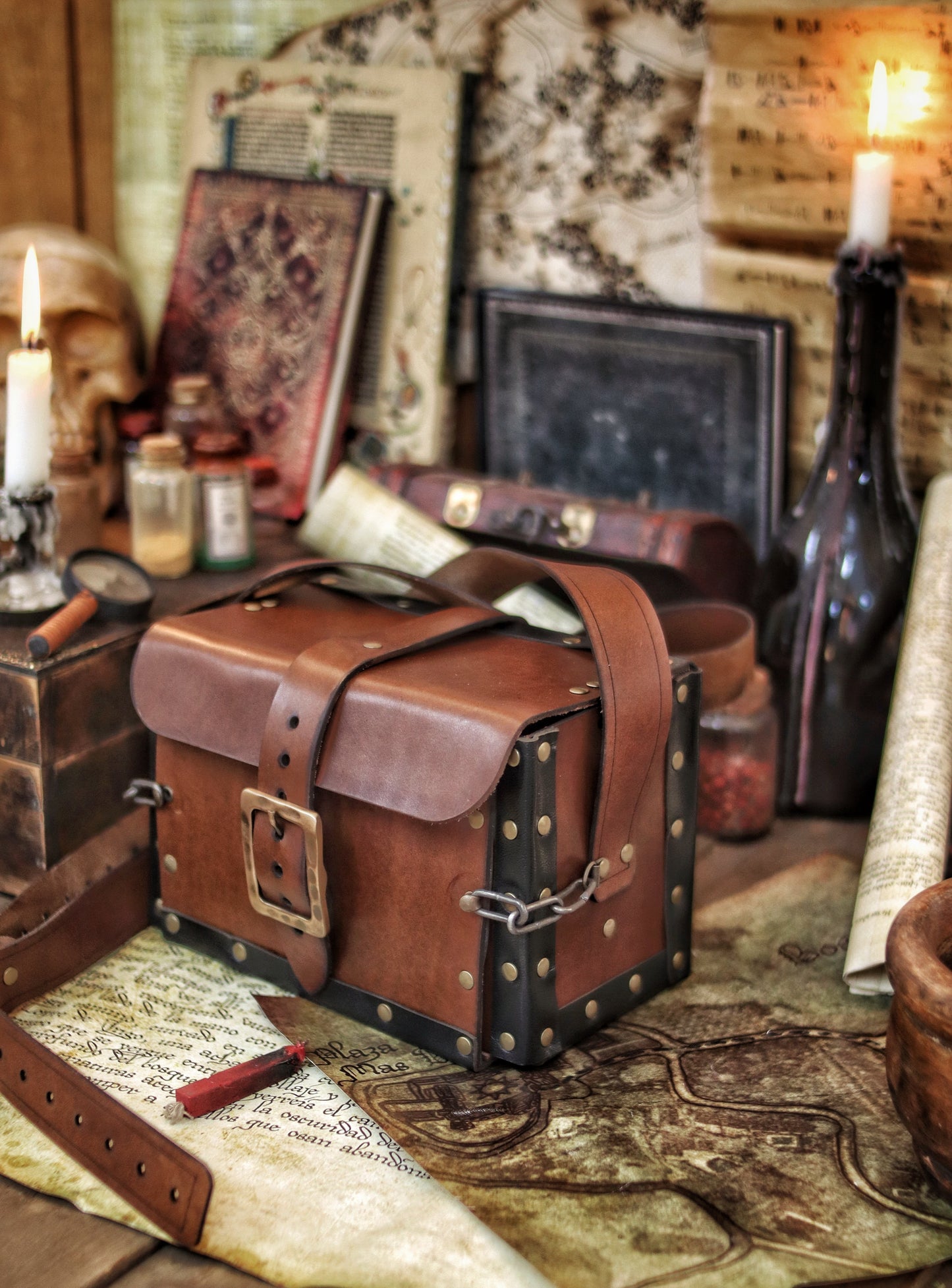 Closed Alchemist Leather Bag in brown with black edges, displayed on a rustic table with scrolls, candles, books, and a skull in the background. Handmade from premium vegetable-tanned leather, ideal for LARP, cosplay, and fantasy settings. Features a secure belt buckle, sturdy construction, and authentic medieval apothecary vibes, perfect for carrying potions, herbs, tools, or magical ingredients during adventures.